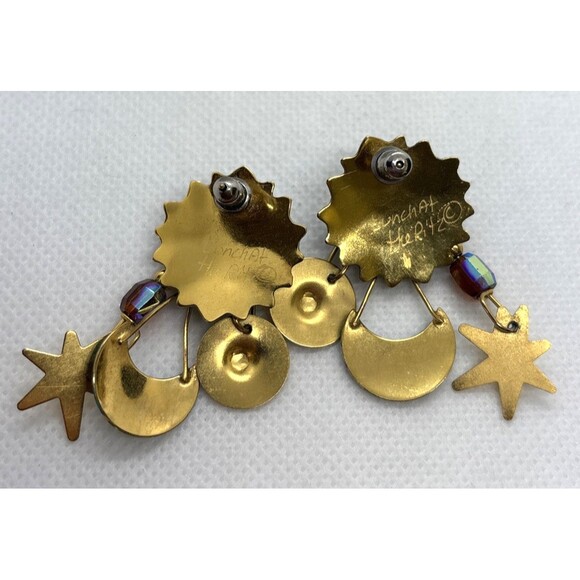 Vintage Lunch at the Ritz Gold Tone Enamel Southwestern‎ Dangle Pierced Earrings - Picture 6 of 11